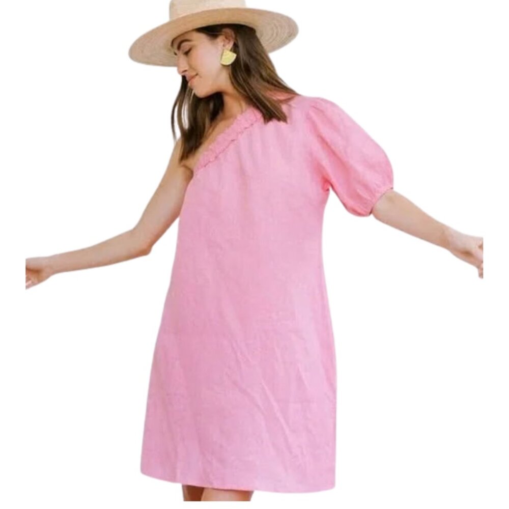 Sunshine Tieda Pink Linen One Shoulder Dress in Medium